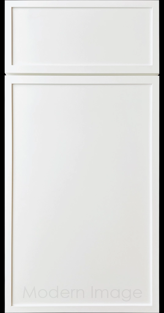 Close-up of a Dew color Arcadia shaker-style cabinet door, featuring slim stile and rail surrounding a flat center panel